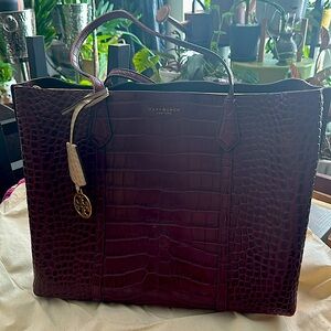 Tory Burch Perry Croc Embossed Three Compartment Bag Red Leather Tote Bag